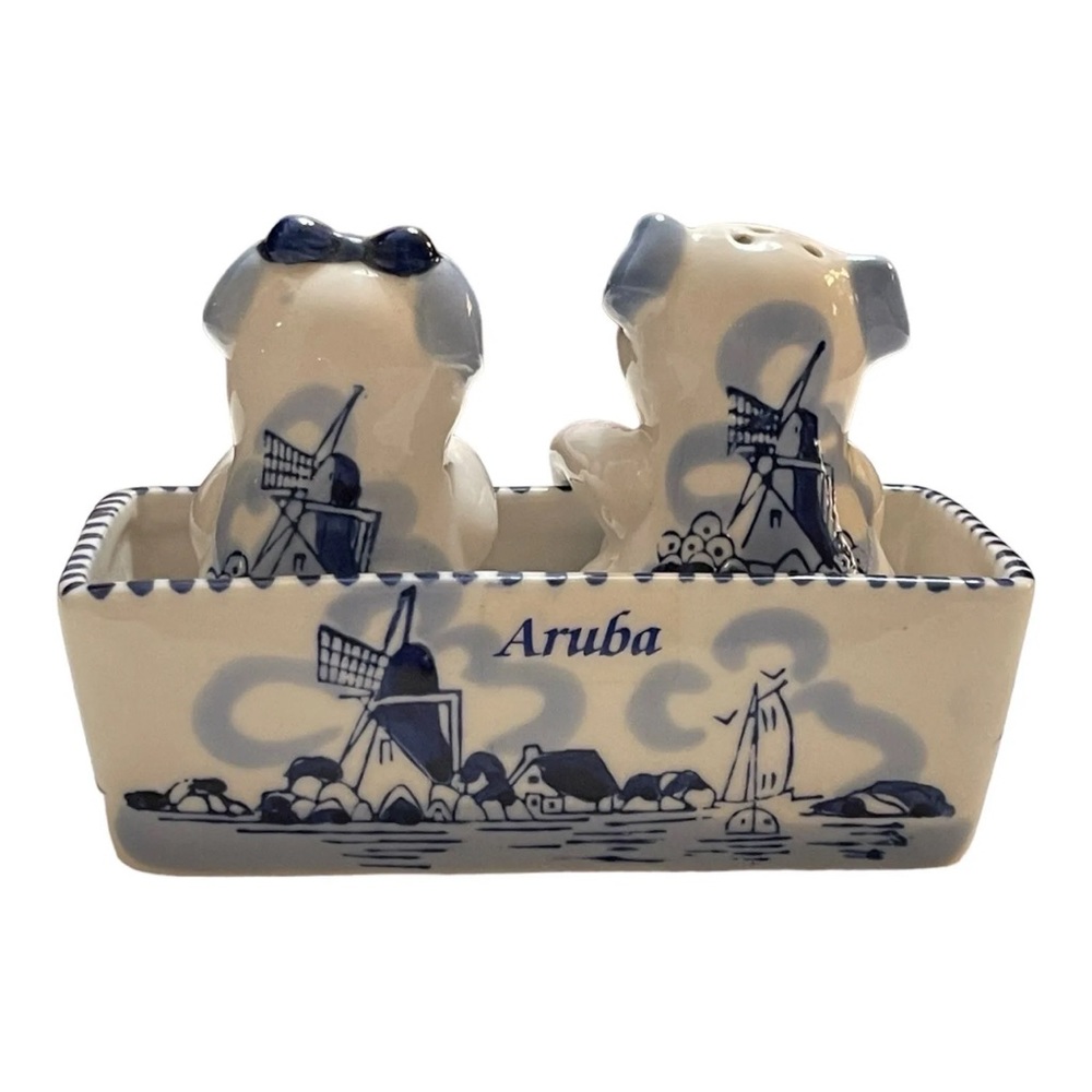 Delft Blue Pigs Salt & Pepper Shakers & Holder Pig Figure Aruba Collectible Set - Picture 4 of 16